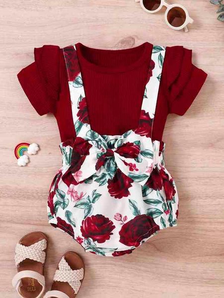 

baby ruffle trim bodiesuit overall shorts she, White