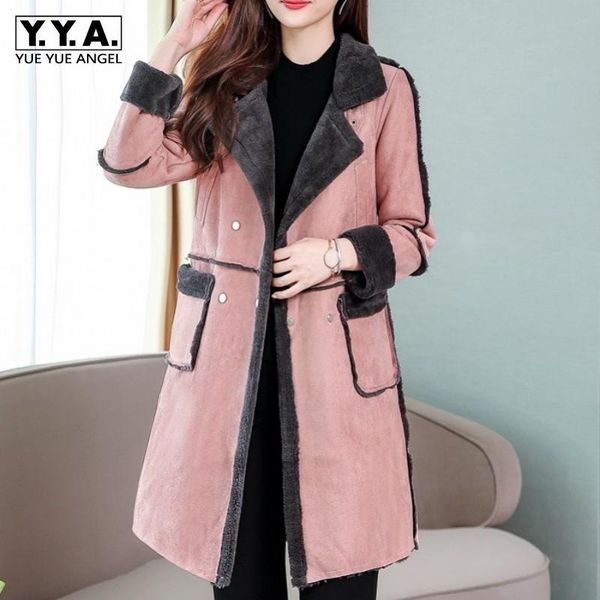 

women's jackets fashion lambswool coat women suede single breasted sweet pink female winter shearling long sleeve outerwear m-3xl, Black;brown