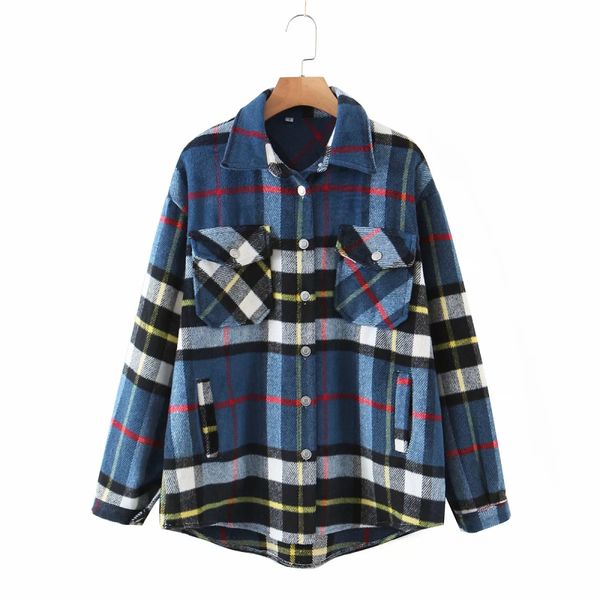 

vintage contrast colors pockets plaid jacket women fashion turn-down collar buttons coat female chic outerwear, Black;brown