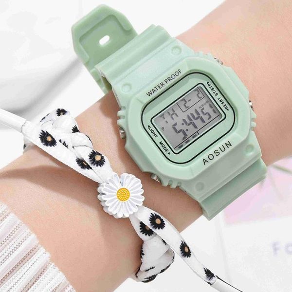 

wristwatches 2021 fashion digital military sport led wrist watch square dial electronic women silicone strap reloj, Slivery;brown
