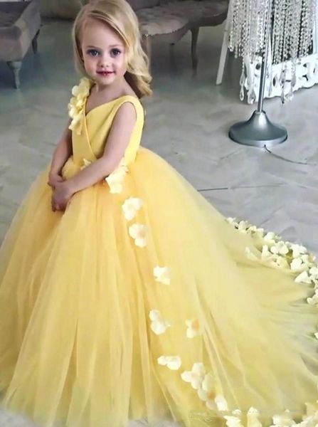 Bonito amarelo menina vestida princesa bola vestido 3d floral apliques longos meninas pageant dress kids toddler primeiro comunhão brithday festa vestidos