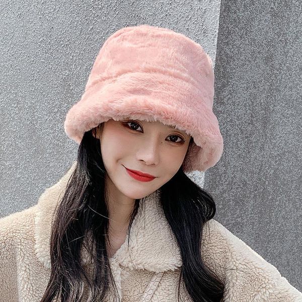 

wide brim hats winter outdoor vacation bucket hat solid color women panama thickened soft warm fisherman female faux fur plush cap, Blue;gray