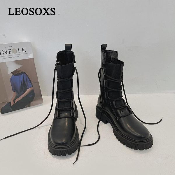 

boots autumn women motorcycle ladies ankle shoes woman leather military platform flats girls brand round toe, Black