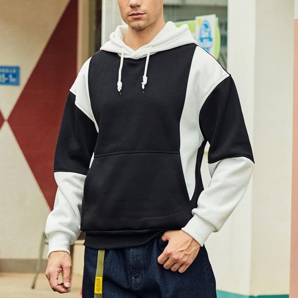 

men's sweaters patchwork fleece hoodies youth color blocking long sleeve men sweater hoodie streetwear mens casual pullover hooded male, White;black