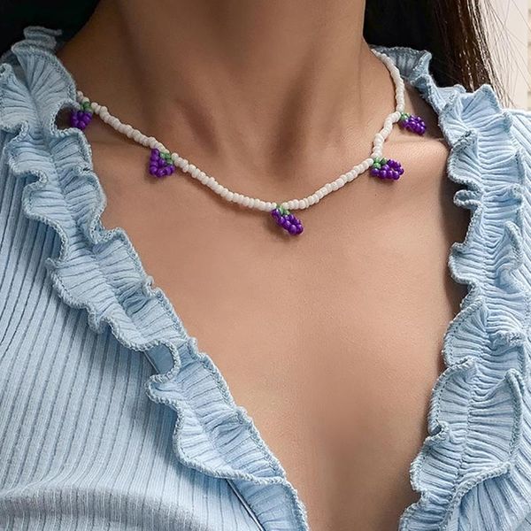 

chains summer sweet cool ins wind purple small grape rice bead necklace simple geometric beaded clavicle suitable for party, Silver