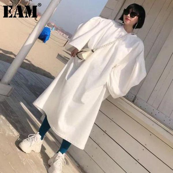 

casual dresses [eam] women white big size solid dress round neck long puff sleeve loose fit fashion tide spring autumn 2021 1dd7474, Black;gray