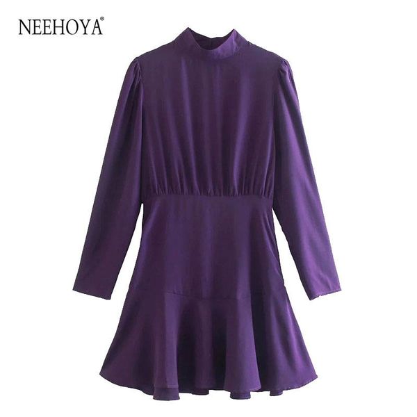 

casual dresses neehoya women 2021 chic fashion with ruffled pleated mini dress vintage high collar long sleeve female vestidos mujer, Black;gray