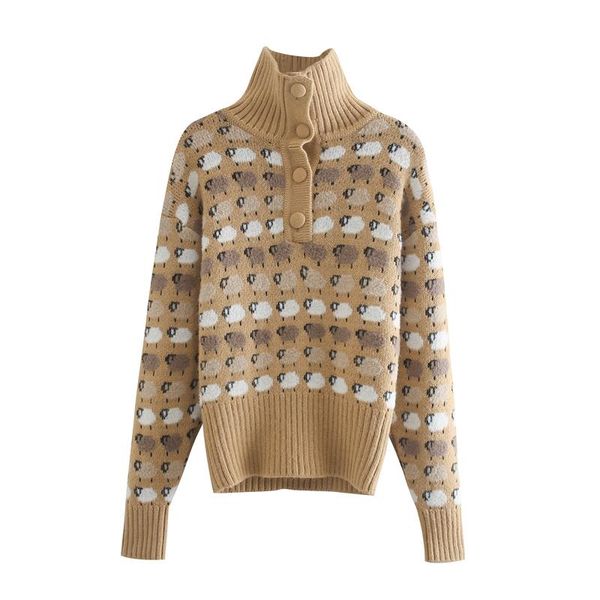 

women's sweaters high neck long sleeve women pullover streetwear 2021 fashion with buttons floral print knitted sweater retro, White;black