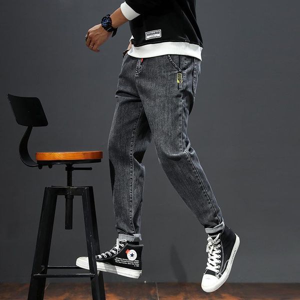 

men jeans pants harem baggy elastic waist dark grey wide leg loose-fit hip hop streetwear yong boys fashion male trousers men's, Blue