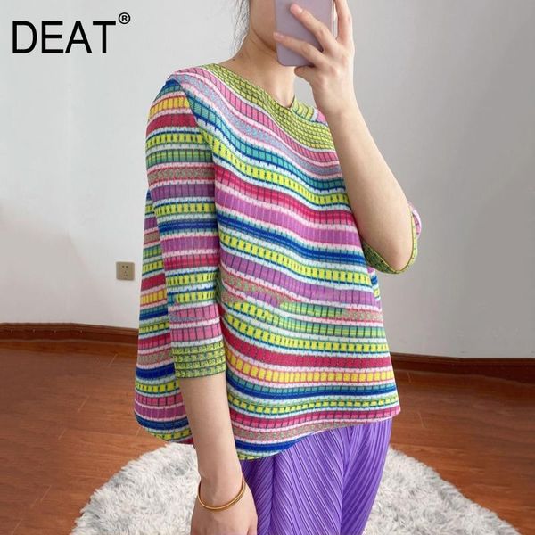 

women's t-shirt deat woman pleated t shrit multicolor striped print plus size seven sleeve casual style 2021 summer women clothing 15x, White