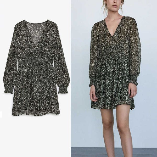 

za woman polka dot long sleeve mini dress women ruffle print vintage vestidos elastic waist female elegant short dresses 210602, Black;gray