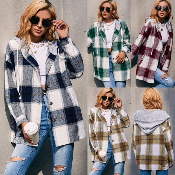

men's casual shirts women cardigan plaid shirt hooded spring autumn loose single-breasted checkerboard jacket street wear blouse hoody, White;black