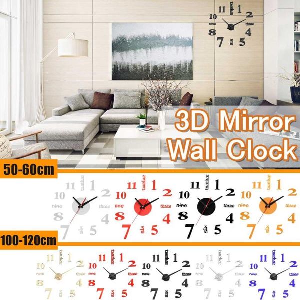 

fashion 50-60cm/100-120cm 3d vintage diy silent mirror wall clock kit for home art decor living room murale stickers clocks