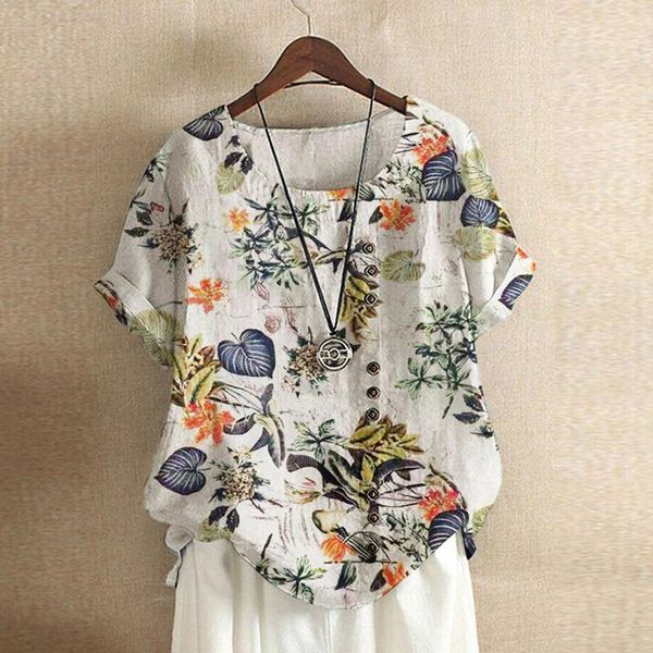 

women's blouses & shirts womens blouse cotton linen boho floral print casual loose button tanic shirt summer plus size o neck short sle, White