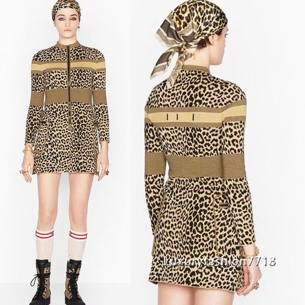 

casual dresses autumn fashion style female brand knitting sweater leopard high end letter printed zipper long sleeve dress ymjp, Black;gray