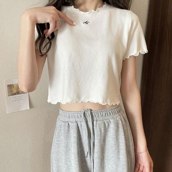 

women's t-shirt summer super-short t shirt women skinny navel solid korean short sleeve crop casual tee femme, White