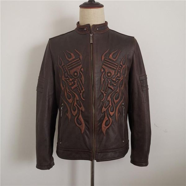 

men's leather & faux 2021 vintage brown skulls biker's jacket plus size xxxxl genuine cowhide autumn slim fit motorcycle coat, Black