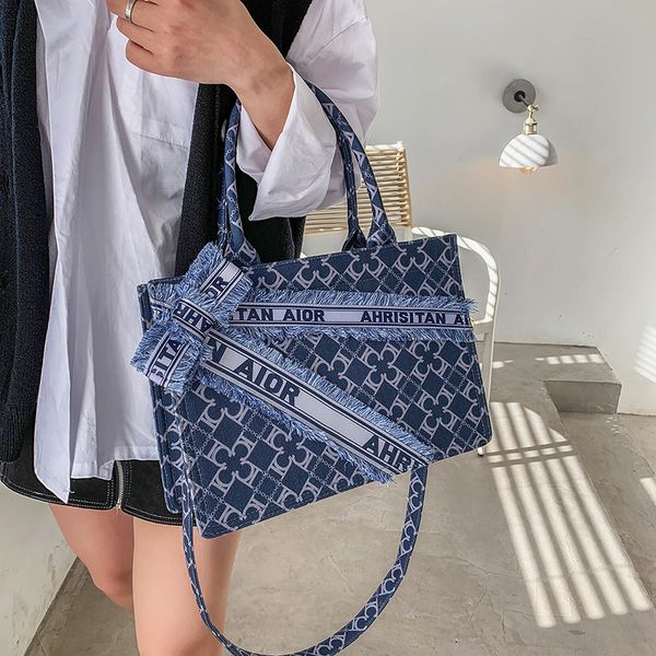 

female 2021 new fashion net red canvas large capacity single shoulder bag bow tote bag