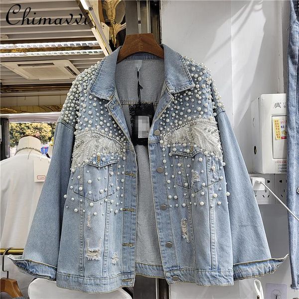 

women's jackets 2021 spring european diamond beaded pearl loose denim jacket slimming single breasted blue jeans coat for women, Black;brown