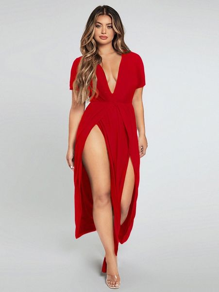 

plunging neck split thigh dress t1sy#, Black;gray