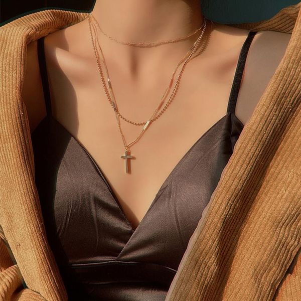 

chains european and american ins personality fashion golden chain cross multi-layered necklace simple temperament long female, Silver