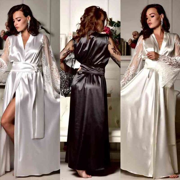 

ladies silk lingerie sleepwear women robe autumn lace sleeve night dress, Black;red