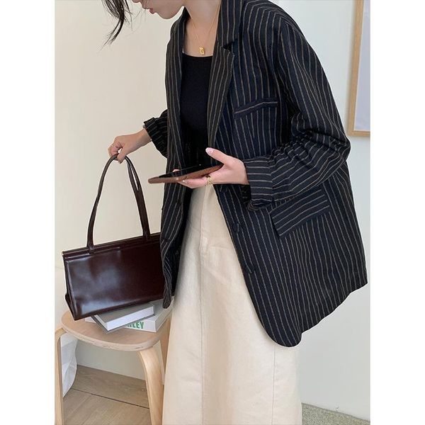 

[shishi] 2021 spring and summer cotton striped suit coat women's korean version relaxed versatile jackets, Black;brown
