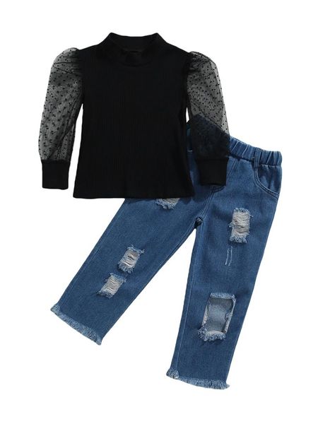 

clothing sets 2 pcs toddler casual outfits, girls dot print mesh sleeve round neck pullover + ripped jeans with pockets clothes set, White