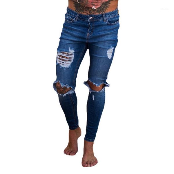 

men's jeans skinny men white ripped hole slim fashion hip hop streetwear cotton comfortable punk denim pants male, Blue