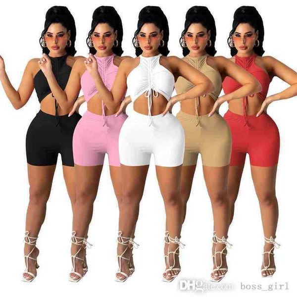 

summer women tracksuits pleated vest shorts fashion solid color elastic pit strip2 piece jogger sets yoga outfits gym clothes plus size spor, Gray