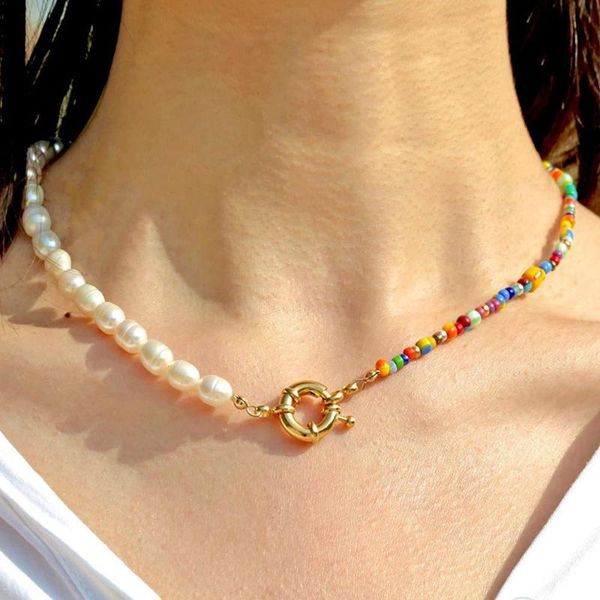 

chokers korea lovely pearl colorful beaded charm short choker necklace for women bohemia vacation handmade jewelry party gift, Golden;silver