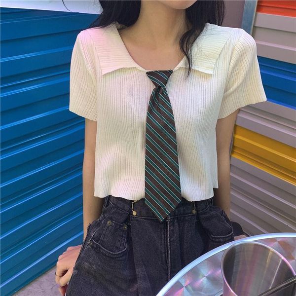 

women's t-shirt t shirts women preppy style turn down collar knitted tie tshirt summer casual female short sleeve cropped tee shirt, White