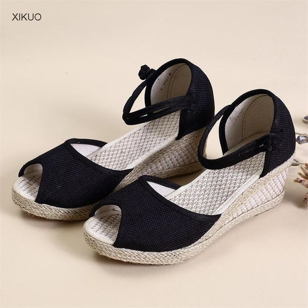 

sandals korean women's fishmouth slope heel casual shoes hand woven button high, Black