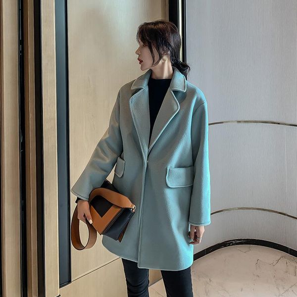 

women's wool & blends [ewq] korea chic lapel women 2021 loose medium long thickened covered button sleeve woolen coat female fashion 16, Black