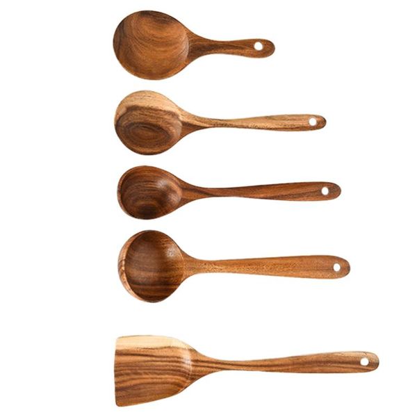 

spoons 1 set 5pcs non-stick wooden spatula spoon kit soup rice scoop (coffee)