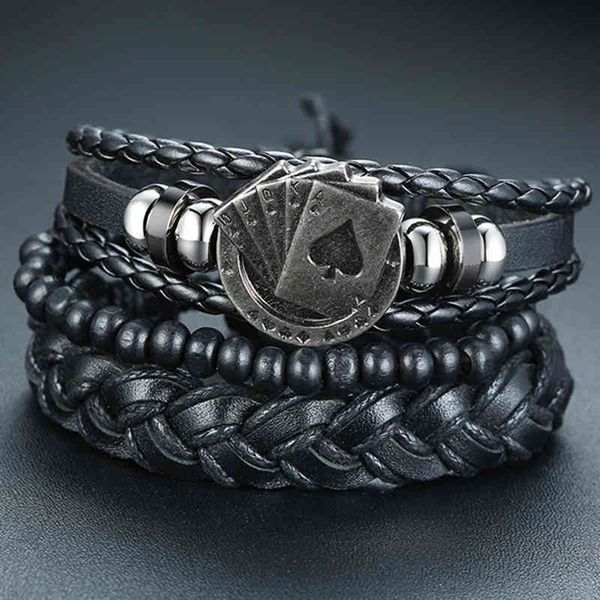 Vnox Mix 3–4 Stück/Set geflochtene Wickel-Lederarmbänder für Männer und Frauen, Vintage-Poker-Charm, Holzperlen, ethnische Tribal-Armbänder