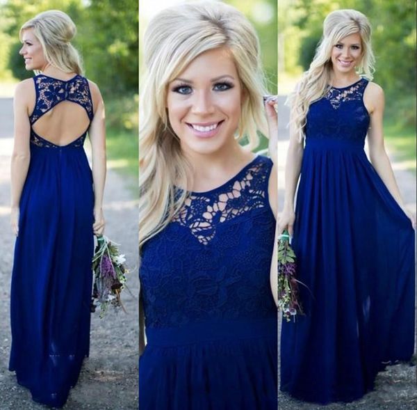 Bellissimi abiti da damigella d'onore country blu royal Abiti da ballo lunghi con scollo in pizzo Petite Chiffon 2021 Abito da sera aperto sul retro junior Damigella d'onore