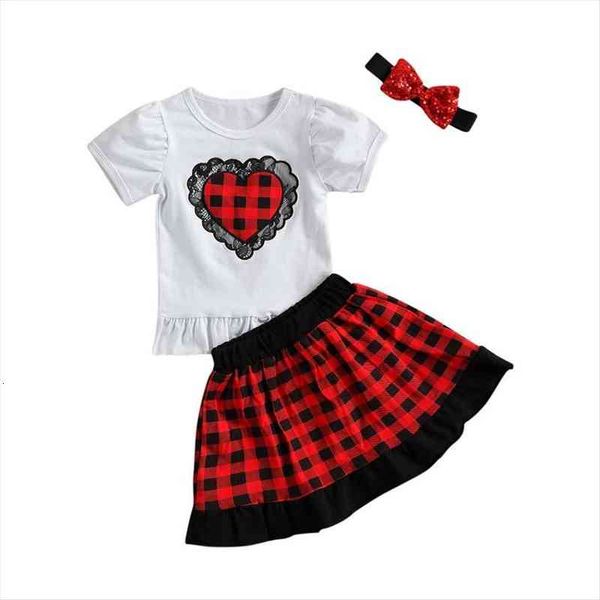 

1 6y toddler kids baby girl valentines day clothes sets short sleeve heart print t shirt plaid skirt headband, White