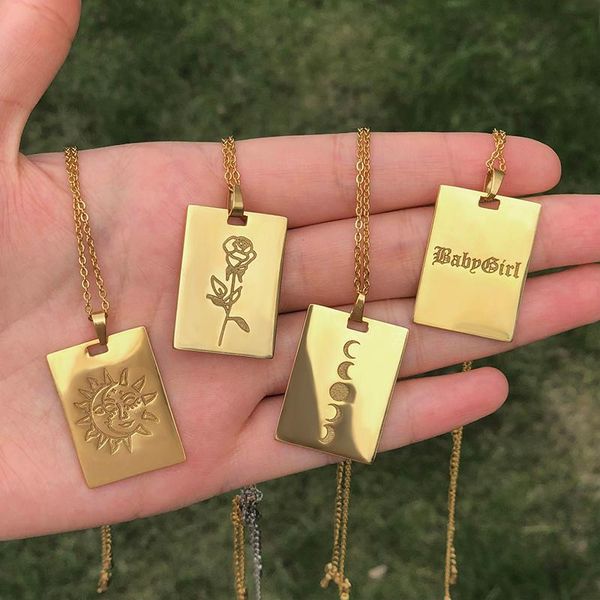 

pendant necklaces tarot card sun moon for women stainless steel gold chain roseflower babygirl necklace goth jewelry wholesale, Silver