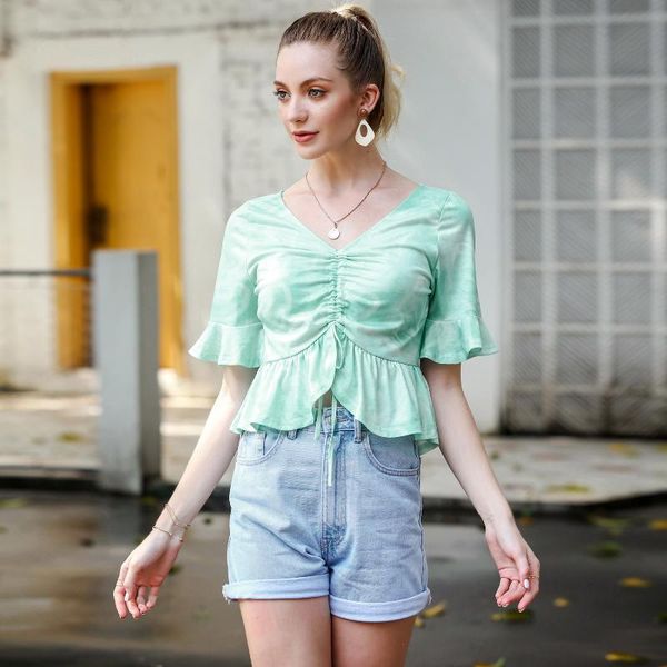 

women's blouses & shirts solid green pleated 2021 summer elegant high waist single breasted shirt women flare sleeve slim short, White