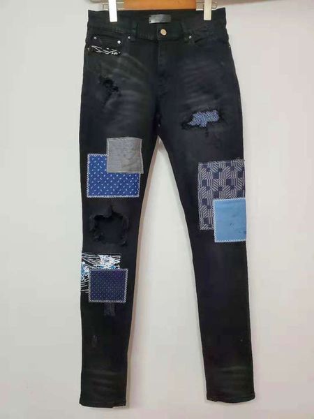 

arrival am mens designer jeans fashion denim high street elastic patchwork ancient quality spliced ripped biker pant us size, Blue