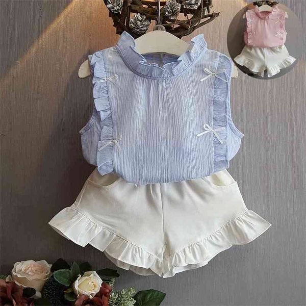

arrivals summer children sets sleeveless ruffles white solid shorts casual 2pcs girls clothes 2-7t 210629