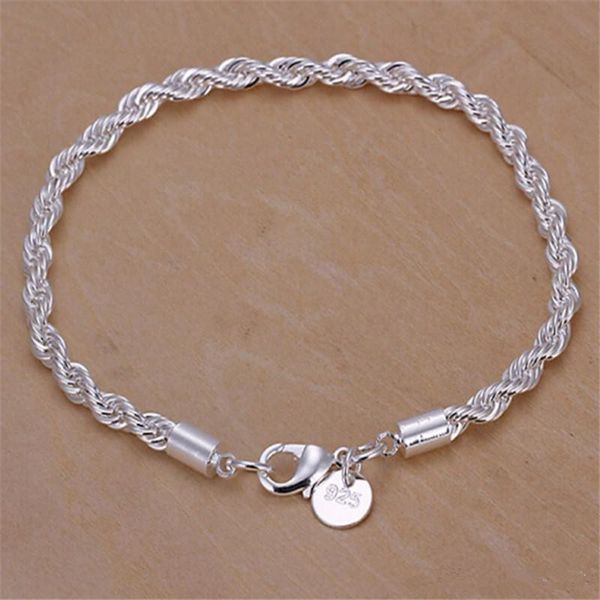 

4mm 925 silver plated twist rope chain bracelet for women wedding party bracelets european charms link fit murano beads, Black