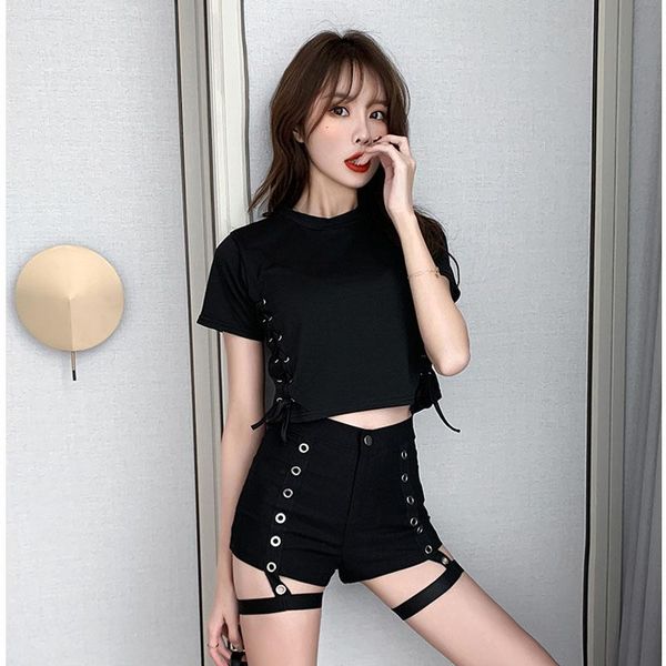 

summer women's 2 piece set black fashion cotton t-shirt short + high waisted shorts woman suit two dress, White