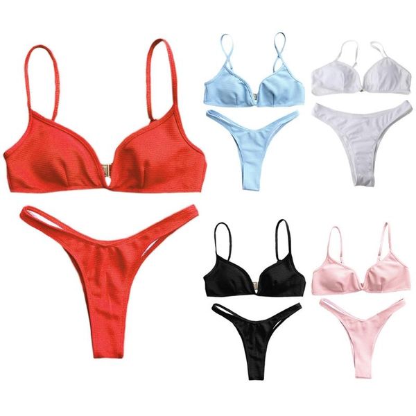 

two-piece suits women two piece bikini set solid color push-up v-neck brazilian bra triangle bottoms swimsuit high cut bathing suit