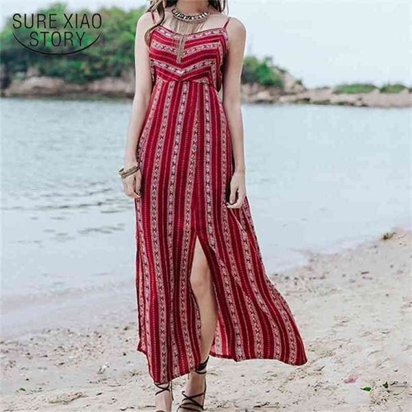 Verão Beach Bohemian Mulheres Dress Holiday Sexy Strap Vinho Vermelho Red Long Split A-Line Roupas Feminino ES 0066 30 210506