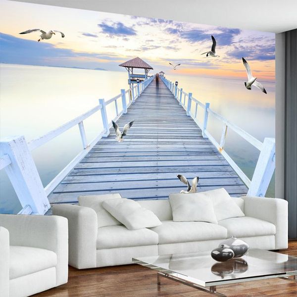 

wallpapers drop custom 3d po wallpaper modern dusk sea bridge seagull living room decoration mural papel de parede
