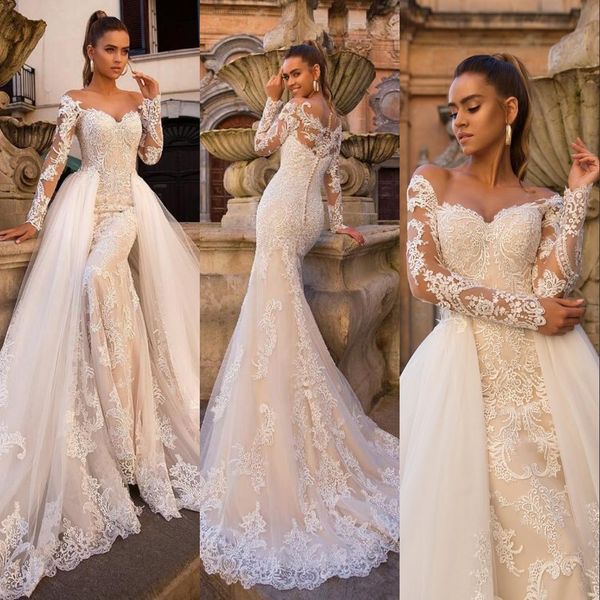 

arabic champagne mermaid wedding dresses formal bridal gowns off shoulder illusion full lace appliques long sleeves tulle with detachable tr, White