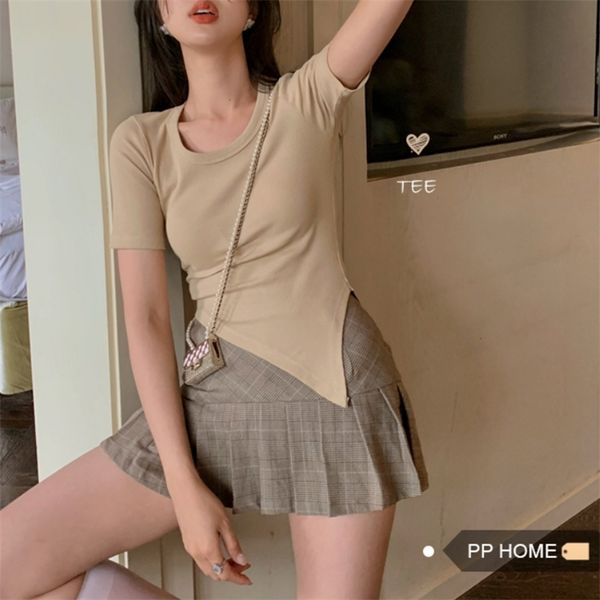 

summer slim solid color joker simple irregular split round neck short sleeve t-shirt women 210529, White