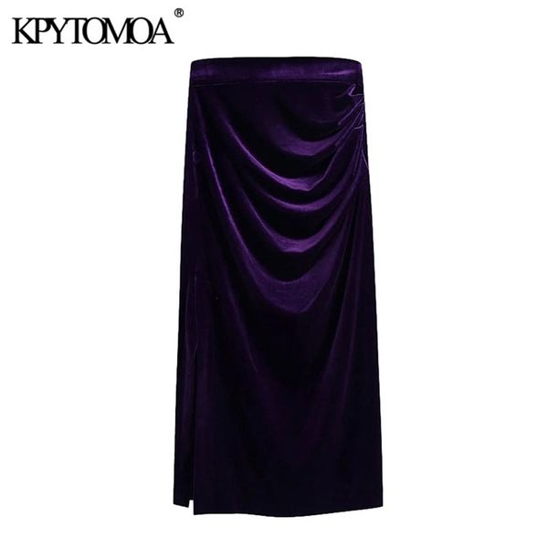 Женщины шикарные моды плиссированные бархатные боковые щели миди карандаш юбка с высокой талией задняя молния женские юбки Mujer 210420